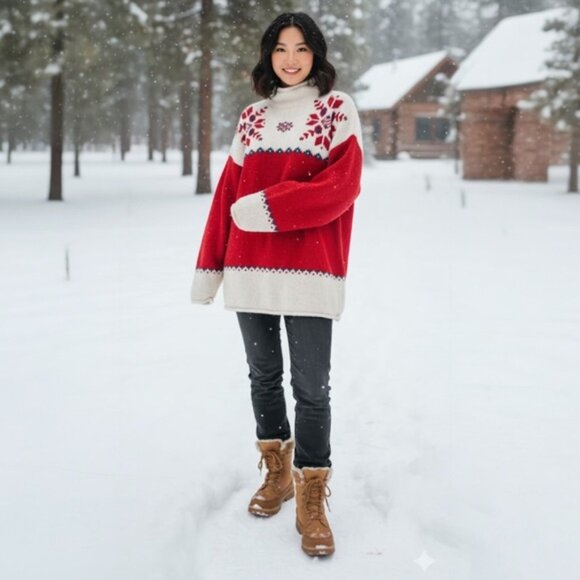 Eddie Bauer Vintage 90s Nordic Wool Heavy Knit Sweater Red Tan Hi Funnel Neck L - Picture 1 of 16